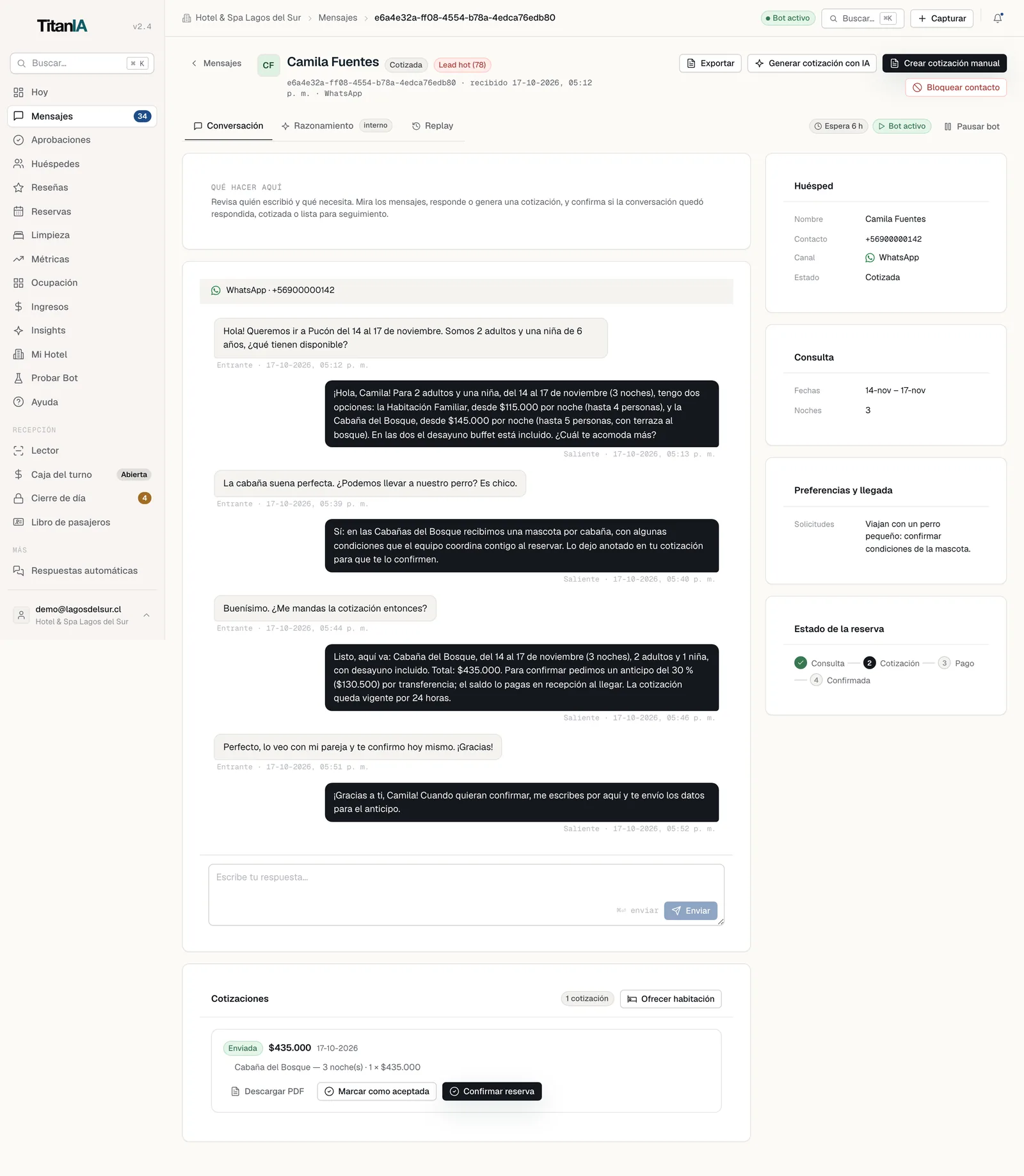 Conversación de WhatsApp con cotización
